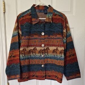 Jane Ashley Southwestern Horse-Stripe Button Jacket in Rust, Teal & Navy